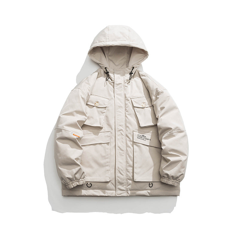 Unisex Winter Cotton Coat Pocket Decorative Hooded Cotton-Padded Coat Vintage Outdoor Work Clothes Cotton-Padded Coat