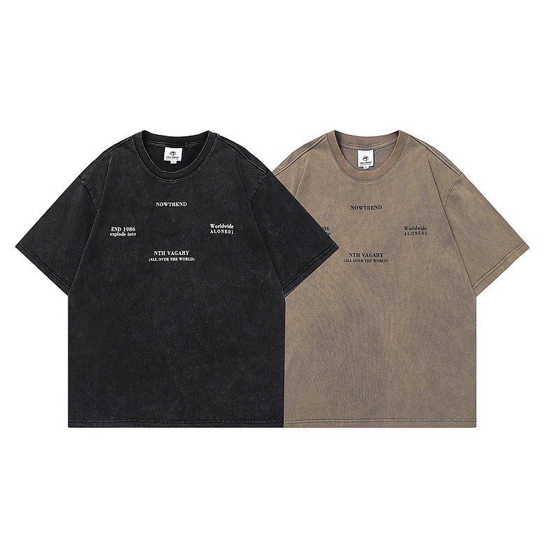Men T Shirt Worn Looking Washed-out Letter Print Short-Sleeve T-shirt