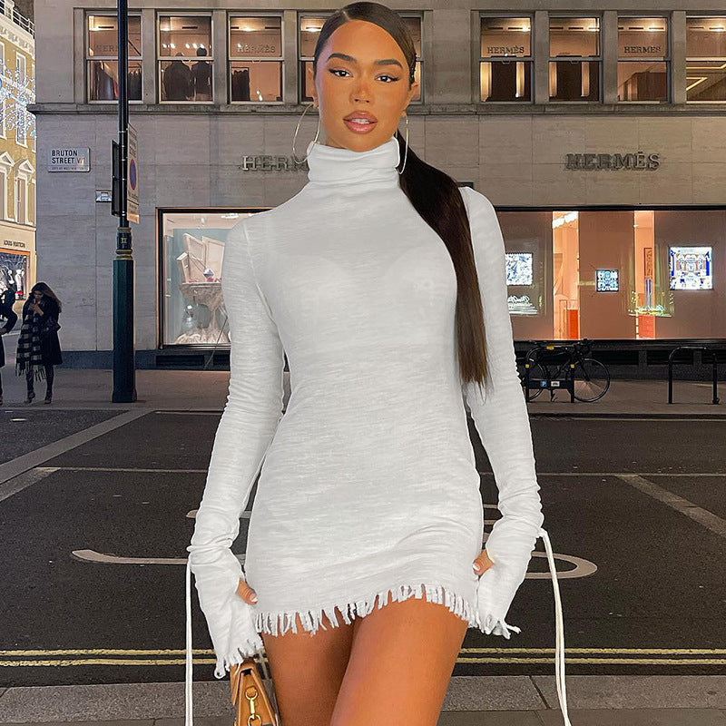 Women Dresses Spring High Collar Slim Fit Long Sleeves Sexy Dress