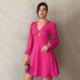 Women Dress Autumn and Winter V-neck Puff Sleeve Mini Dress