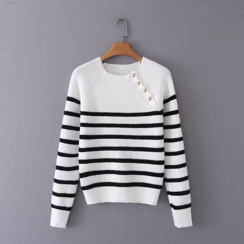 Women Sweater Knitwear Autumn Leisure Striped Single-Breasted round Neck Sweater Top Sweater