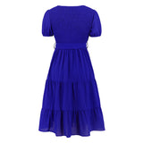 Women Date Dress V-neck Pleated Lace-up Dress