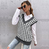 Women Knitted Sweater Autumn Loose Houndstooth V-neck Knitted Vest Women