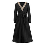 Women Date Dress Autumn and Winter V-neck Lace Pleated Lace-up Long Dress