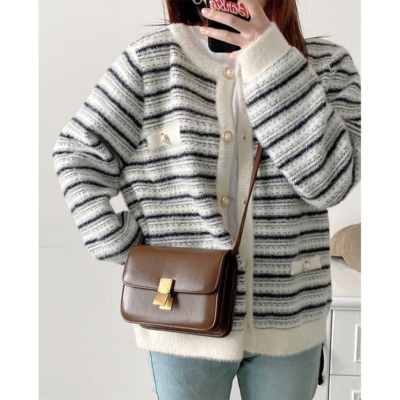 Women Knitwear Autumn and Winter Loose Vintage Stripe Knitted Cardigan