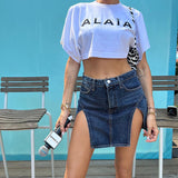 Women Dresses Summer Casual Slim Fit Skirt Sexy Slit Denim Skirt
