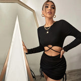 Women Dress Sexy Cutout Knitted Long-Sleeved Dress Hip Skirt