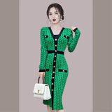 Women Maxi Dress Autumn Long Sleeve V-neck Buttons Knitted Dress