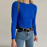 Women Knit Top Rib round-Neck Solid Color T-shirt Crop-Top Tight-Fitting Long Sleeve Short Top