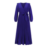 Women Date Dress Autumn and Winter V-neck Long Sleeve Pleated Dress