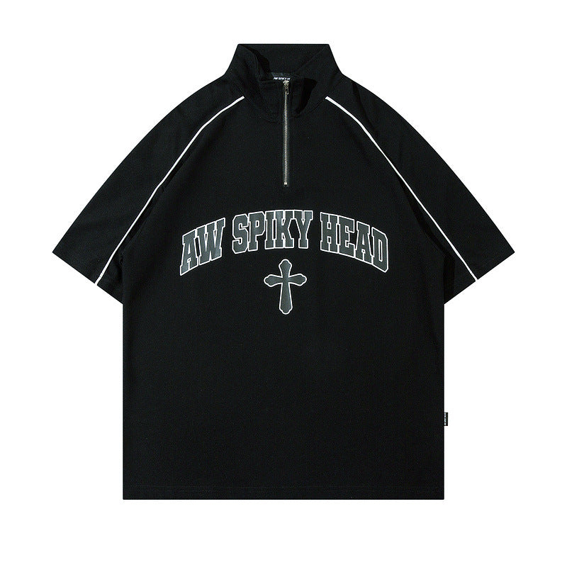 Men T Shirt Vintage Oversize Zipper Stand-up Collar Short-Sleeved T-shirt