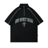 Men T Shirt Vintage Oversize Zipper Stand-up Collar Short-Sleeved T-shirt