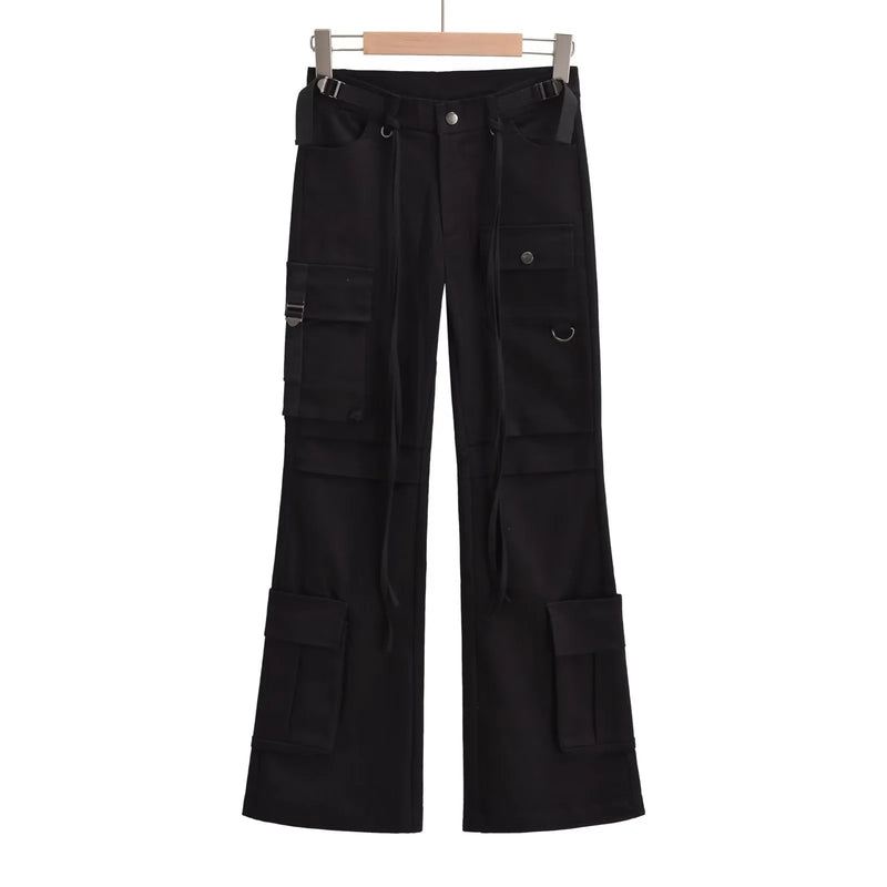 Women Sweatpants Flared Overalls Slim Fit Multi-Pocket Casual Pants
