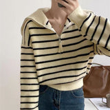 Women Knitwear Autumn Winter Retro Polo Collar Stripes Zipper Sweater Loose Sweater