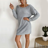 Women Knitted Sweater Fall Loose Gray, Long Sleeve Long Sweater Dress