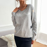 Women Knitted Sweater Fall Gray V-neck Loose Pullover Five-Pointed Star Sweater