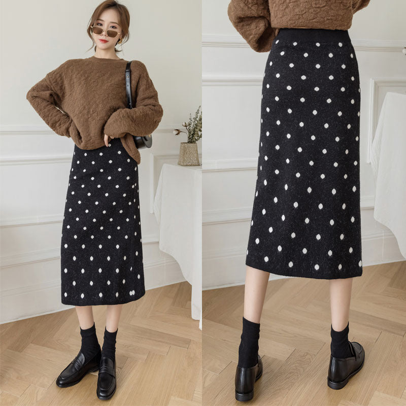 Women Knitted Skirt Autumn and Winter Knitted Black and White Sheath Long Skirt
