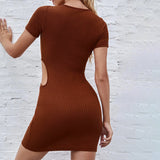 Women Dress round Neck Sexy Hollow Knitted Short Sleeve Dress