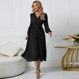 Women Date Dress Sexy V-neck Bubble Lantern Sleeve Pleated Skirt