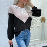Women Knitted Sweater Autumn Casual Women's Long Sleeve Color Matching Lace round Neck Sweater