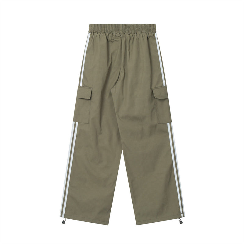Men Sweatpants Multi-Pocket Workwear Sports Casual Pants Boys Loose Side Patchwork Stripes Straight-Leg Trousers