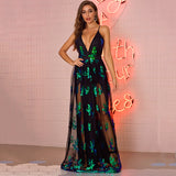 Women Evening Gown Sexy Retro Backless Green Sequins Dress