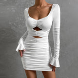 Honeymoon Dresses Autumn and Winter Women's Hollow Dress Long Sleeve Sexy V-Neck