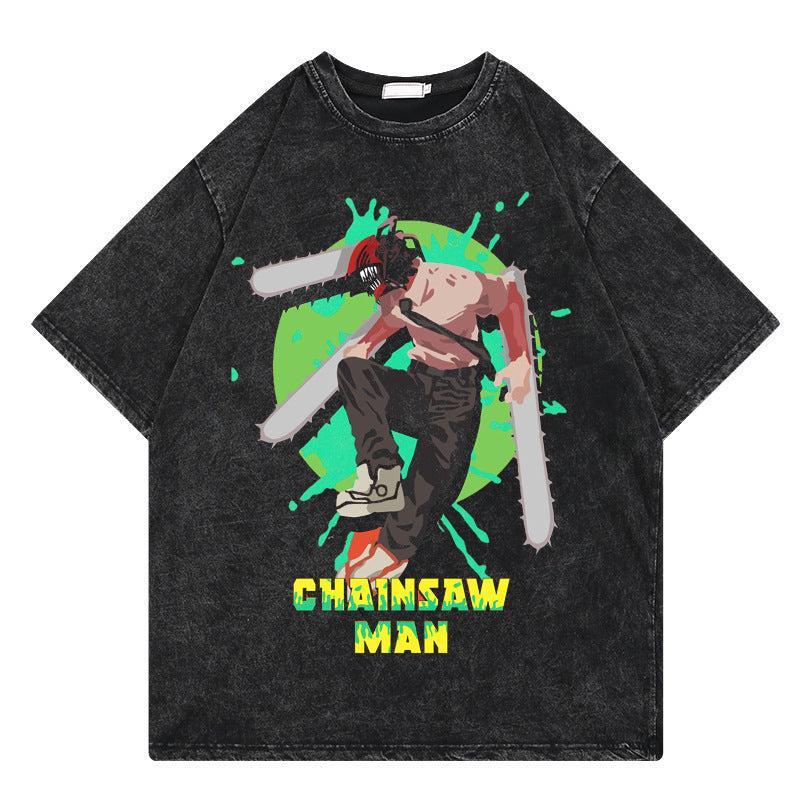 Washed retro T-shirt, chainsaw man cartoon print casual short sleeves