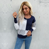 Women Knitted Sweater Autumn round Neck Stitching Long Sleeve Knitted Sweater