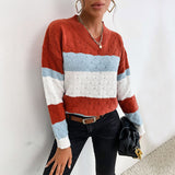 Women Knitted Sweater Autumn and Winter Leisure Top Color Matching Long Sleeve Sweater Loose