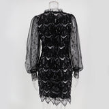 Women Evening Gown Sexy Mesh Long Sleeve Stitching Sequins Dress