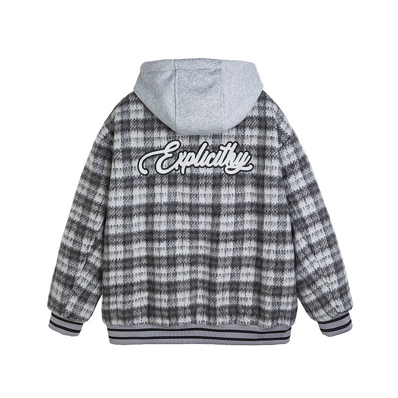 Unisex Winter Cotton Coat Winter Vintage Plaid Hooded Letters Baseball Uniform Jacket