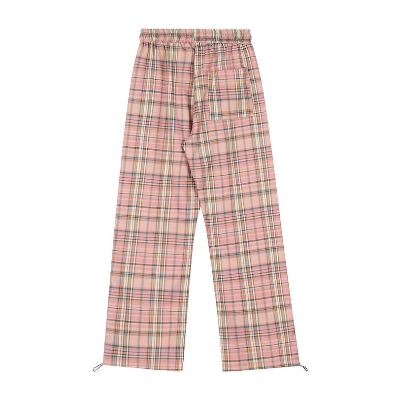 Men Sweatpants Straight Plaid Casual Pants Summer Loose Wide Leg Track Pants