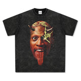 Dennis Rodman Graphic Tee Printed Short Sleeve T-Shirt Cotton Washed Loose Crew Neck Hooded Sweater