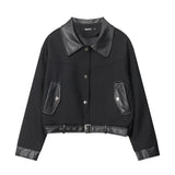 Women Jacket PU Leather Stitching Contrast Color Lapels Jacket