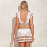 Women Knit Beach Cover Knitted Sexy Cutout Sexy Backless Underwaist Short Skirt Casual Beach Suit