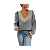 Women Knitted Sweater Autumn and Winter V-neck Loose Sweater Striped Pullover Sweater Top