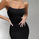 Women Dresses Sexy Slim Rhinestone Sling Dress Backless Hip Skirt (Bla0420)