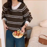 Women Knitted Pullover Striped round Neck Sweater Top Autumn and Winter Long Sleeve Sweater