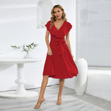 Women Date Dress Sexy A- line Skirt Lotus Leaf Large V-neck Dress