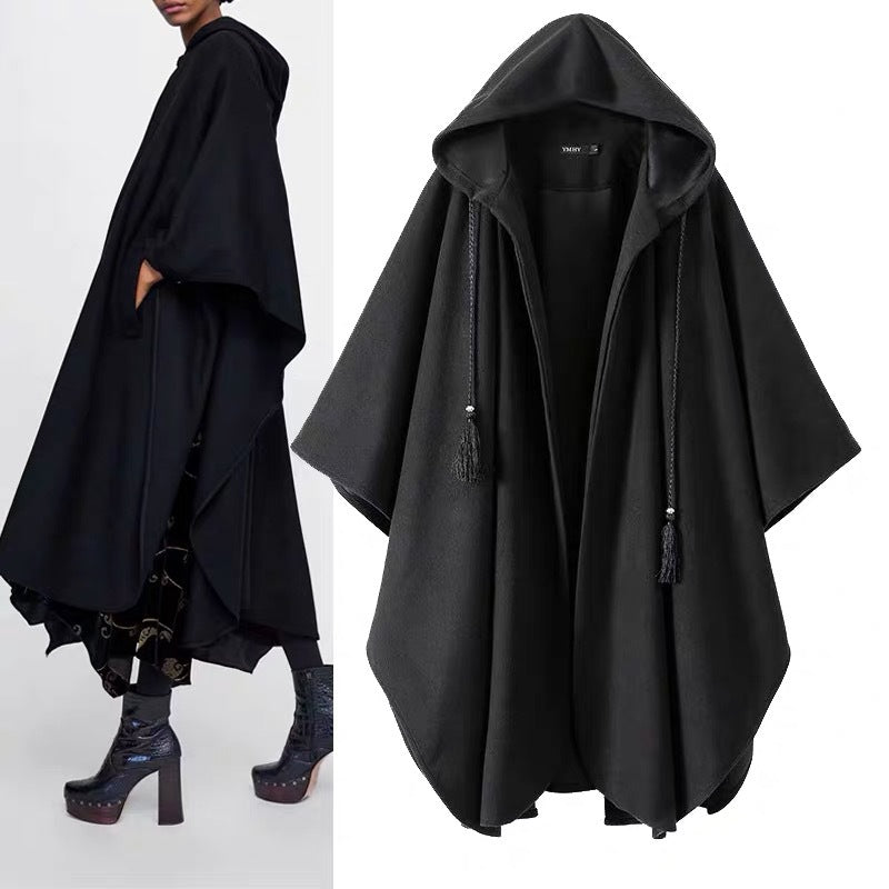 Women Woolen Coat Autumn and Winter Black Loose Hooded Long Cape Woolen Coat