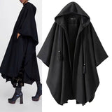 Women Woolen Coat Autumn and Winter Black Loose Hooded Long Cape Woolen Coat