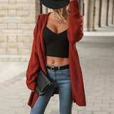 Women Knitted Sweater Autumn Winter Red Long Sleeve Hooded Sweater Cardigan Coat