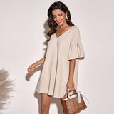 Women Dress Loose Casual Short Skirt V-neck Dress