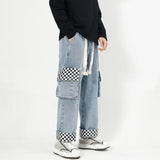 Men Jeans Retro Worn Jeans Multi-Pocket Work Pants Cropped Pants