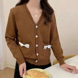 Women Knitwear Autumn and Winter Bow Pocket Sweater Loose Knitted Cardigan