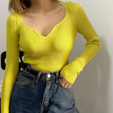 Women Sweater Knitwear Vintage Low-Neck Sweater Spring and Autumn Long Sleeve Short Top
