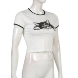 Women T-shirt Summer Cat Printing round Neck Midriff-Baring T-shirt