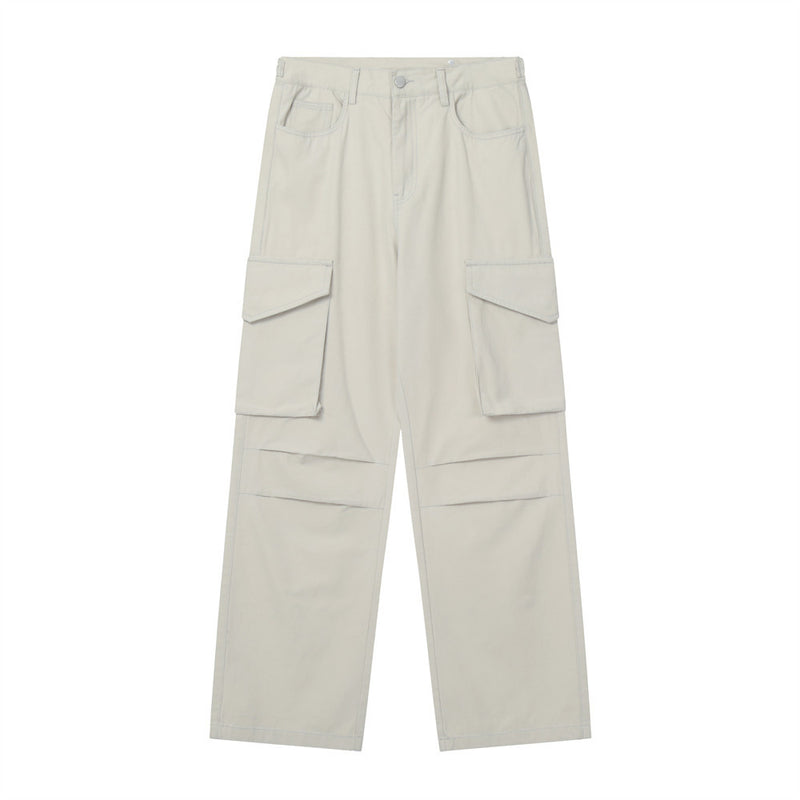 Men Sweatpants Solid Color Multi-Pocket Pleating Workwear Casual Pants Men's Baggy Straight Trousers Casual Wide-Leg Trousers