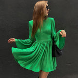 Women Dress Spring Green Pleated Dress round Neck Dress
